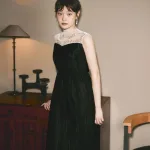 Bijou embroidery illusion neck pleated dress