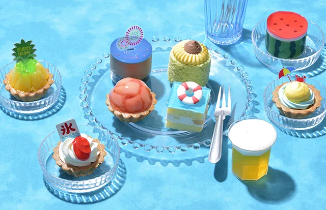 スイカ、花火、かき氷……家族の夏休みを描いたプチケーキ！ 銀座コージーコーナー プチケーキセット「サマーホリデー」