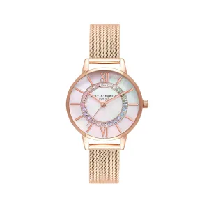 OLIVIA BURTON／オリビア・バートン レインボー ワンダーランド ミディ マザーオブパール ローズゴールドメッシュ