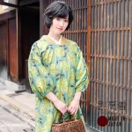 ロング丈 割烹着「グリーンブルー ブーケ」