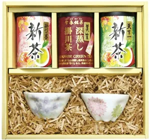 美笠園産地直送センター 静岡茶 深蒸し掛川茶 100ｇ3種類 華型湯呑み 美濃焼 2個