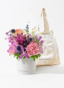 HitoHana／ひとはな DEAN & DELUCA ショッピングバッグ ナチュラルとサマーアレンジメント 南国系 ピンク ブルー S