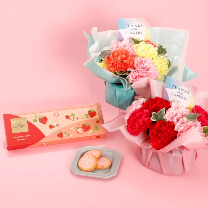 【母の日:日比谷花壇×ゴディバ】華やかなアレンジメントとGODIVA苺クッキーセット