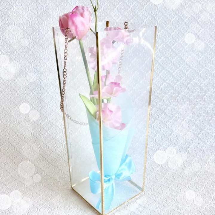 bouquet de muguet チューリップとスイトピーの空色リボンブーケ（クリアBOX付き）